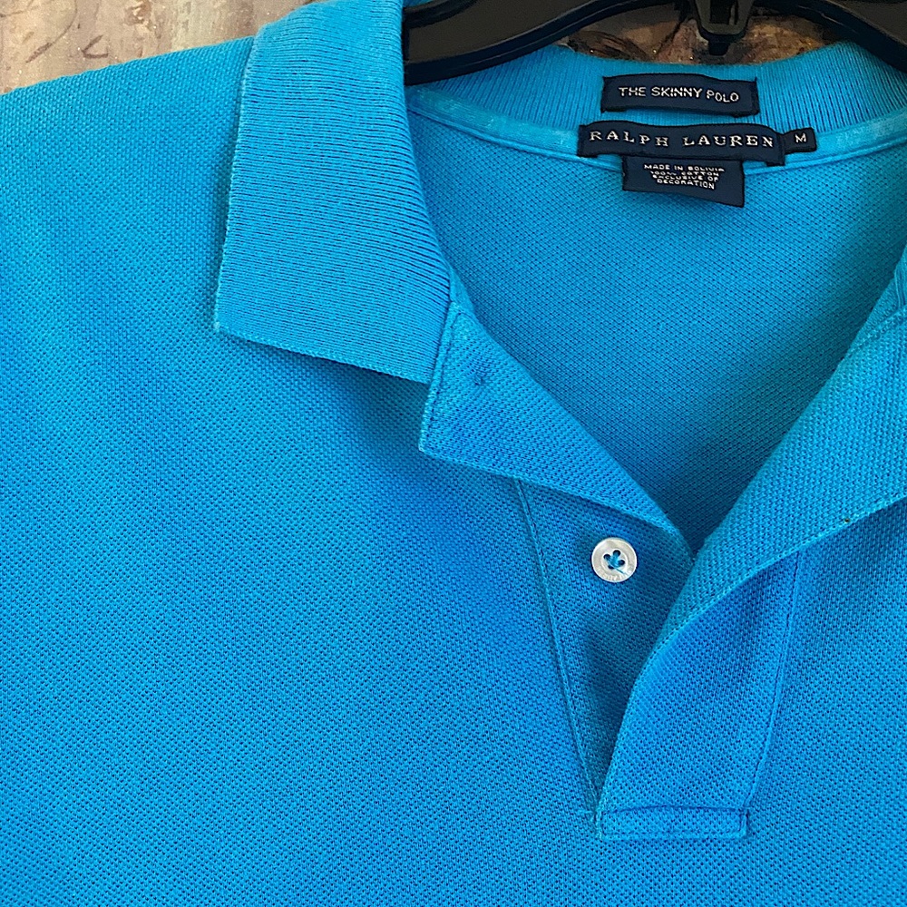 EUC Ralph Lauren Skinny Polo Top Turquoise Yellow Insignia - Picture 4 of 6